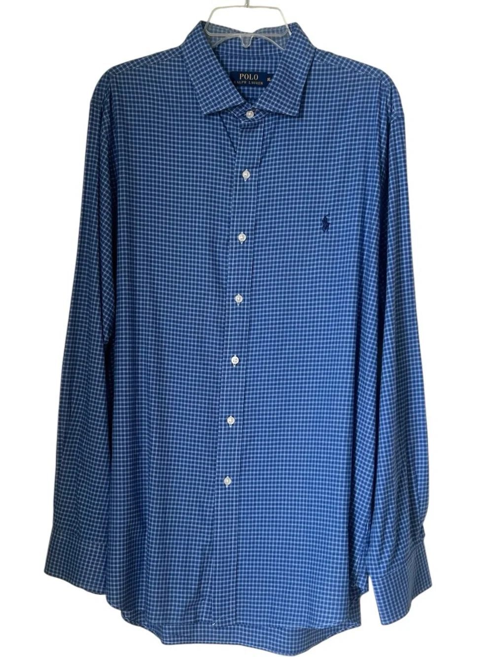 Polo Ralph Lauren Custom Fit XL Blue Check Dress Shirt Long Sleeve 100% Cotton